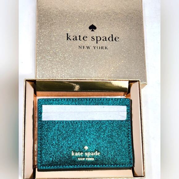 Kate Spade Wallet Credit Cardholder Teal Slim Glitter Box Gift 3 x 4 inches New - Picture 1 of 7